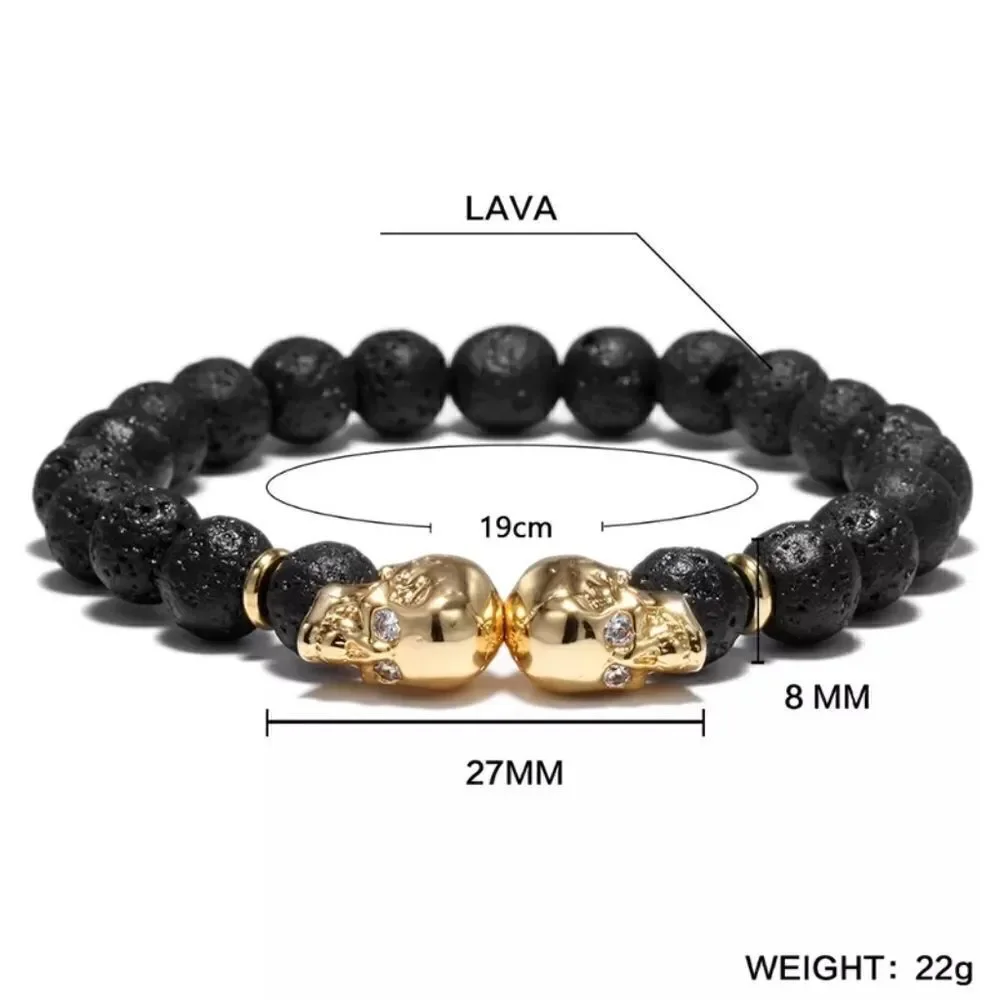 Gold Double Skull Lava Stone Bracelet